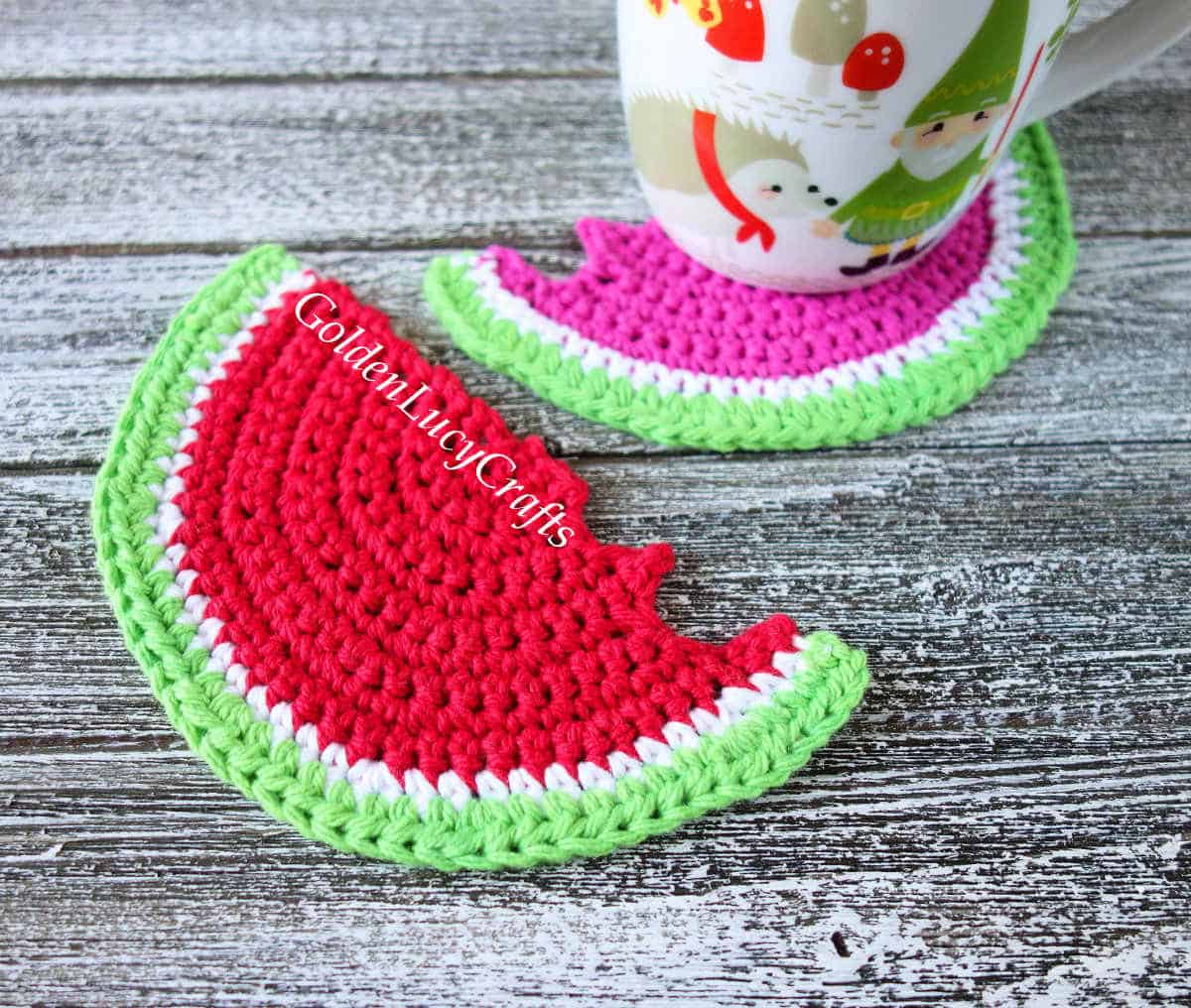 Crochet watermelon coasters.