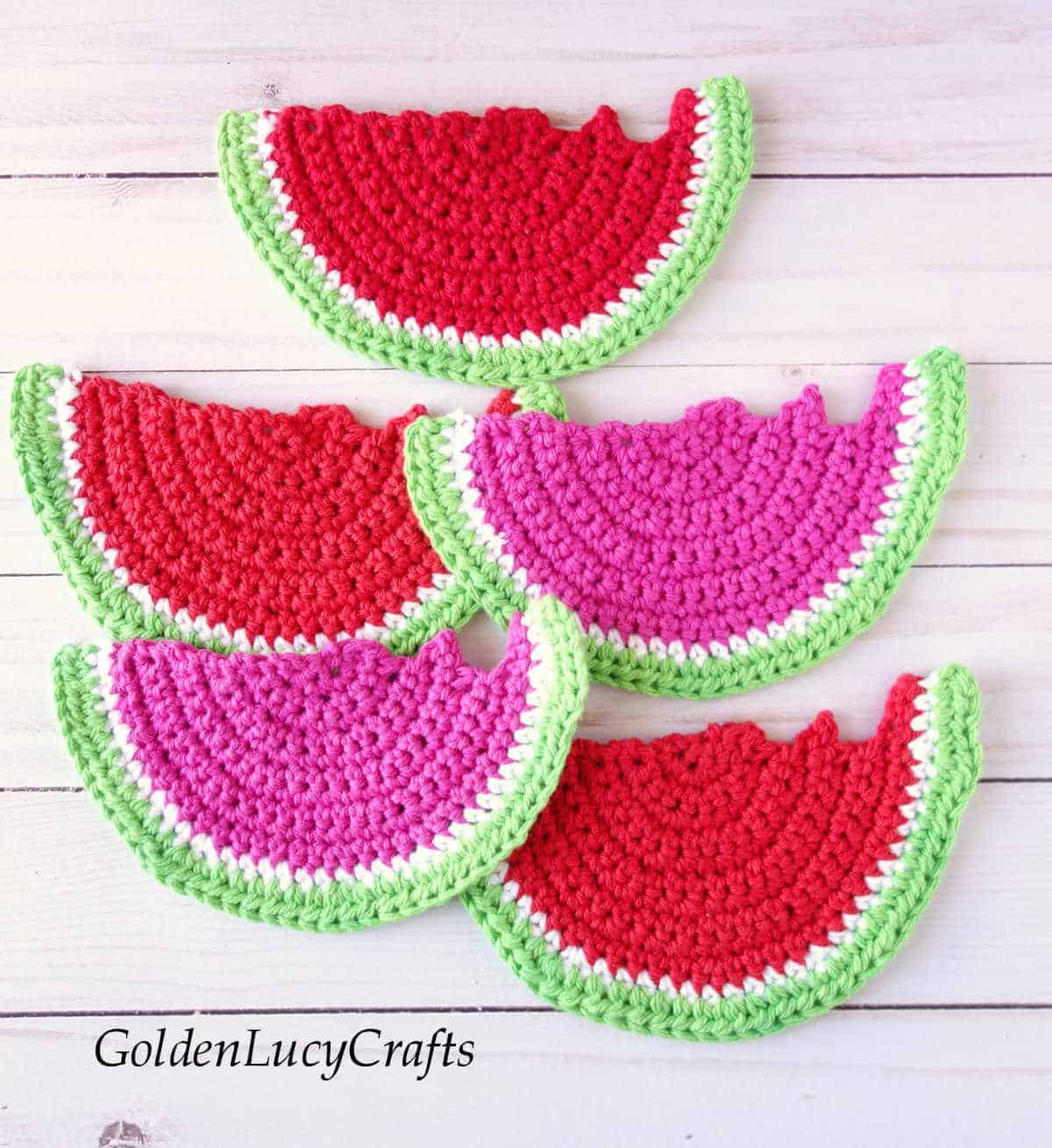 Five crochet watermelon coasters.
