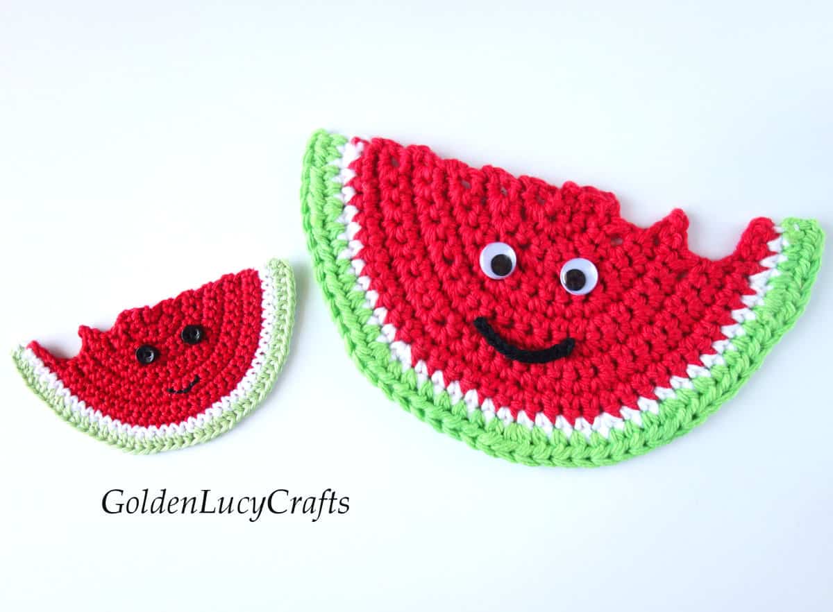 Two crochet watermelon slices with smily faces - applique and coaster.