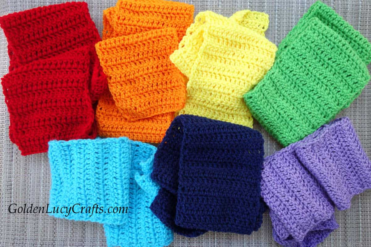 Crocheted pieces in colors of rainbow.