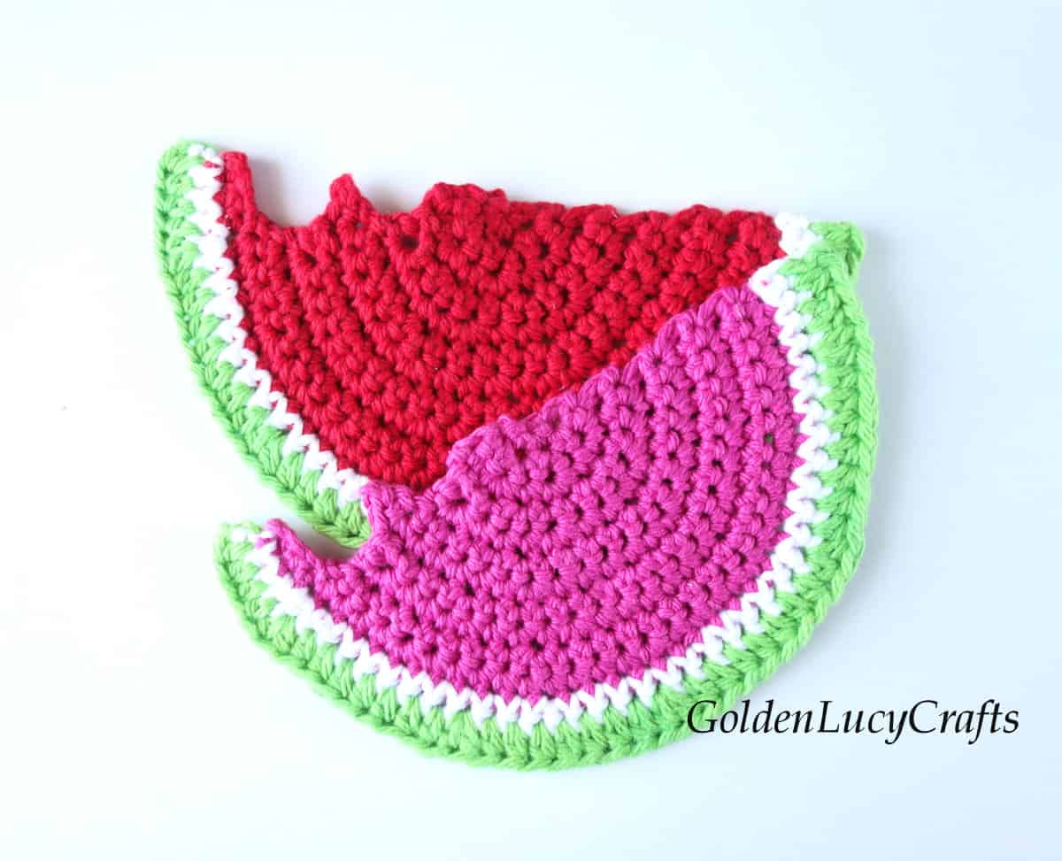 Two crochet watermelon slices.