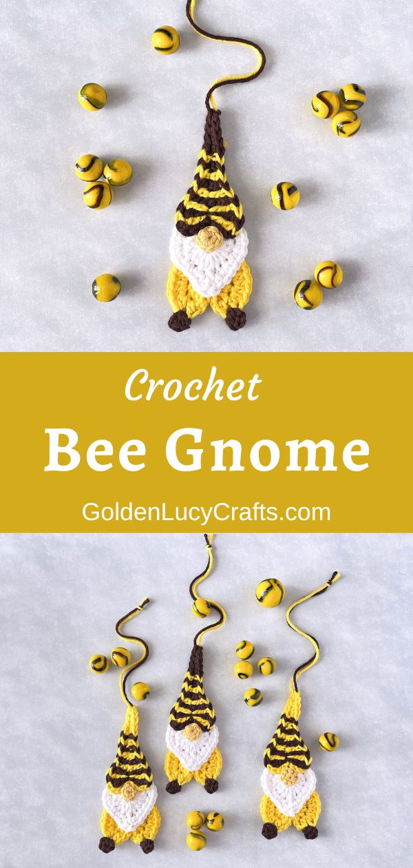 Crochet bee gnome ornaments.