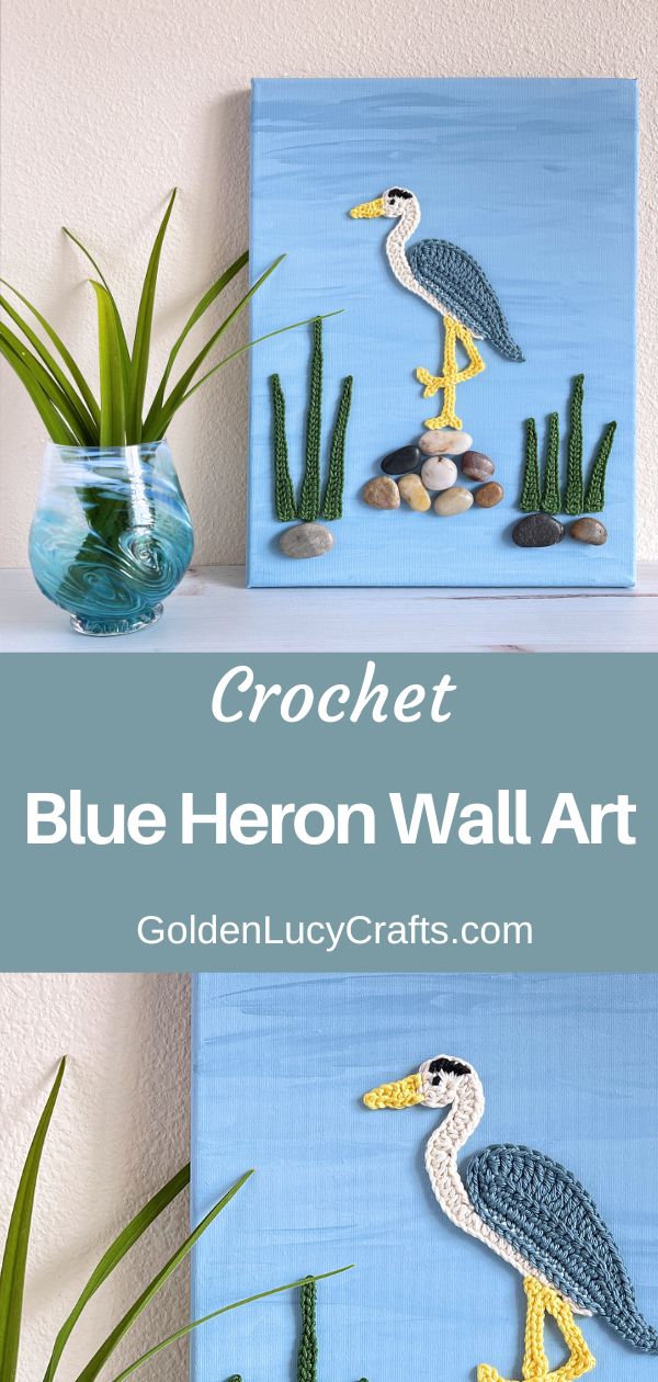 Crocheted blue heron on canvas, wall art.
