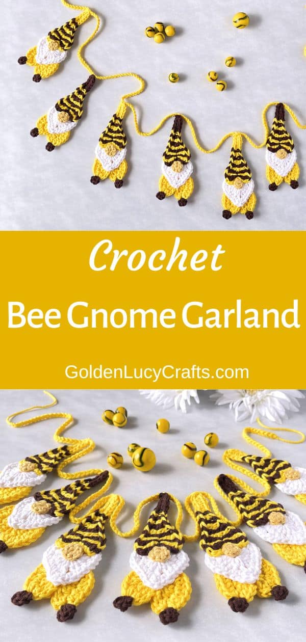 Crochet bee gnome garland for home decor.