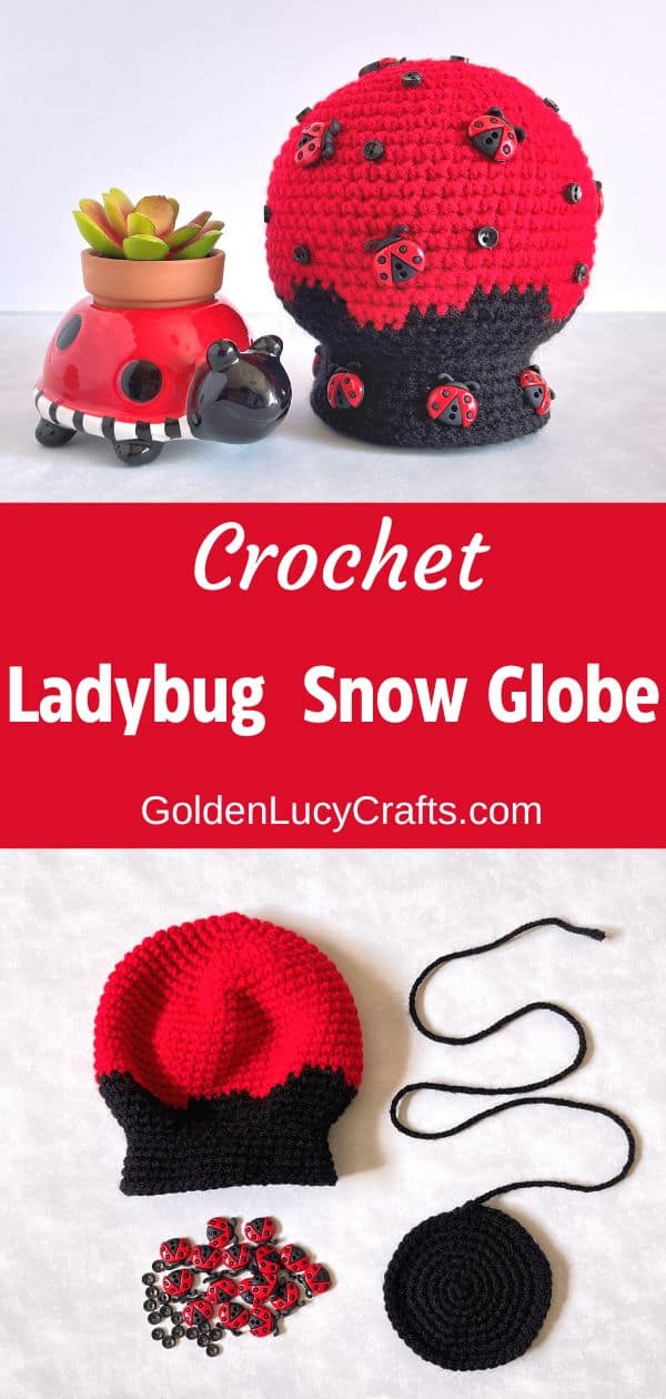 Crochet ladybug themed snow globe, ladybug plant holder, parts of the snow globe.