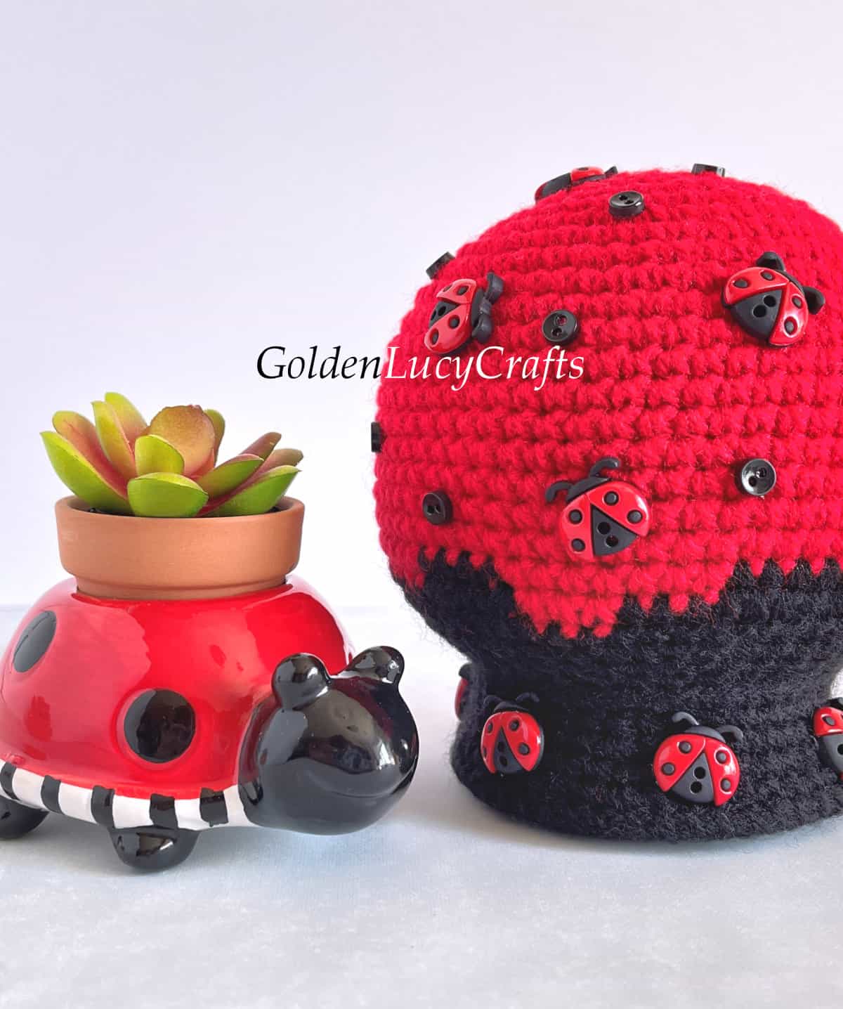 Crocheted ladybug snow globe close up picture.