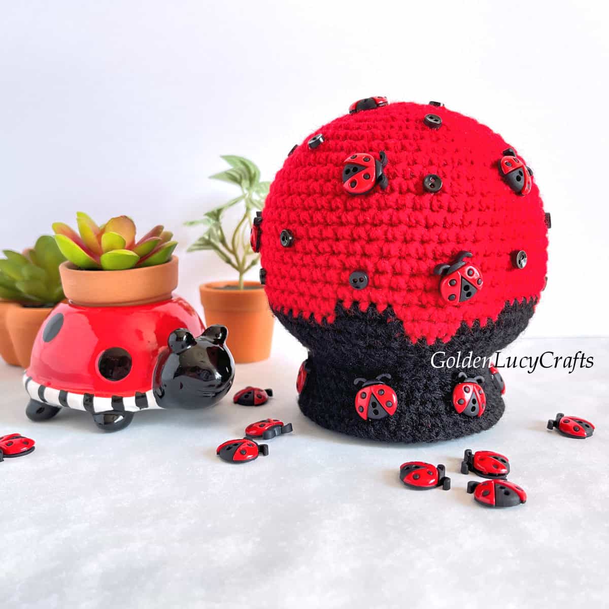 Crochet ladybug themed snow globe.