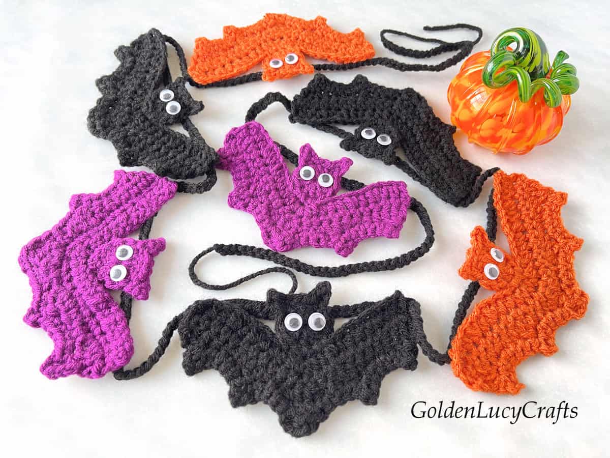 Crochet bat garland close up picture.