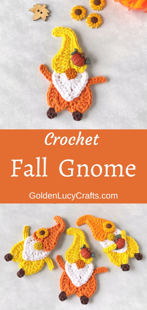 Crocheted Fall-themed gnome appliques.