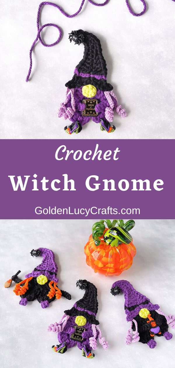 Crochet witch gnomes made from hearts and embellished with craft buttons.