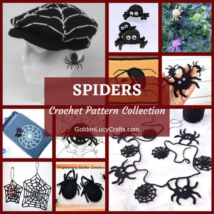 Photo collage of spider-themed crochet patterns.