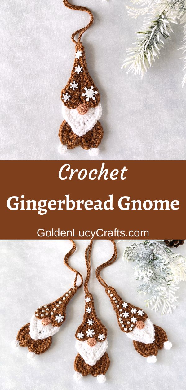 Crochet gingerbread gnome Christmas ornaments.