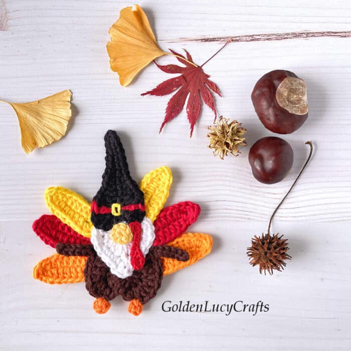 Crocheted turkey gnome, Fall leaves and chestnuts.