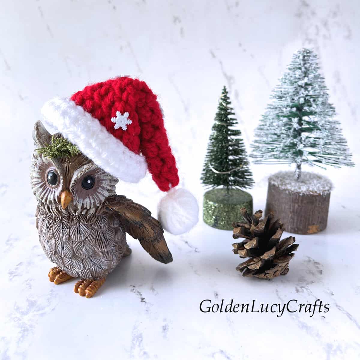 Small owl in crocheted Santa hat.