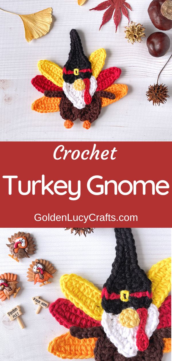Crochet turkey gnome applique, Thanksgiving embellishment.