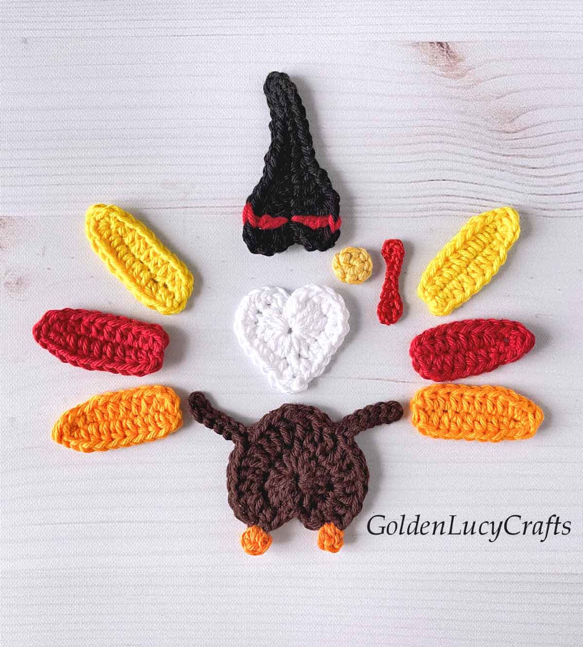 Parts of the crocheted turkey gnome.