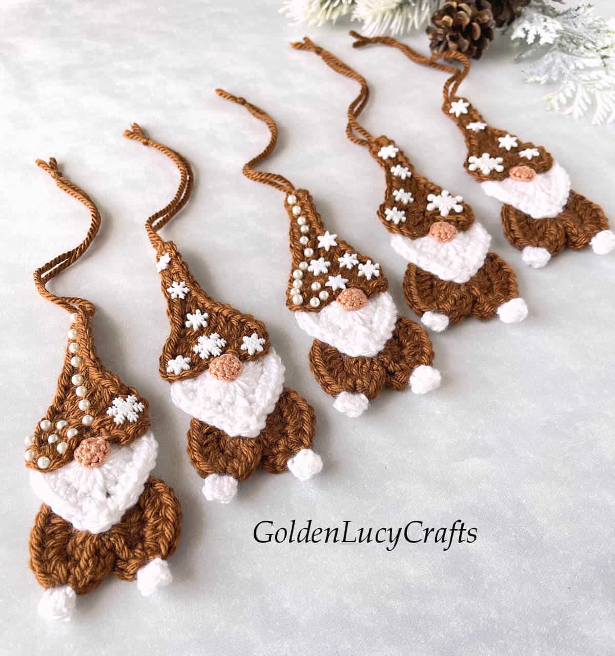 Crochet gingerbread gnomes.
