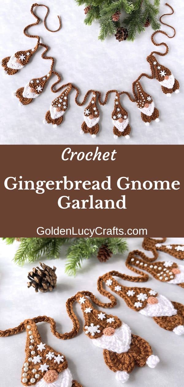 Crochet gingerbread gnome garland Christmas decoration.