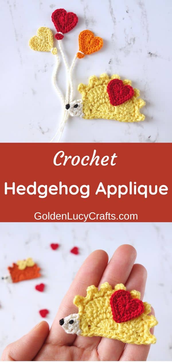 Crochet Valentine's Day hedgehog applique.