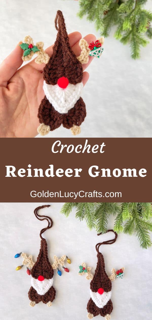 Crochet reindeer gnome Christmas ornaments.