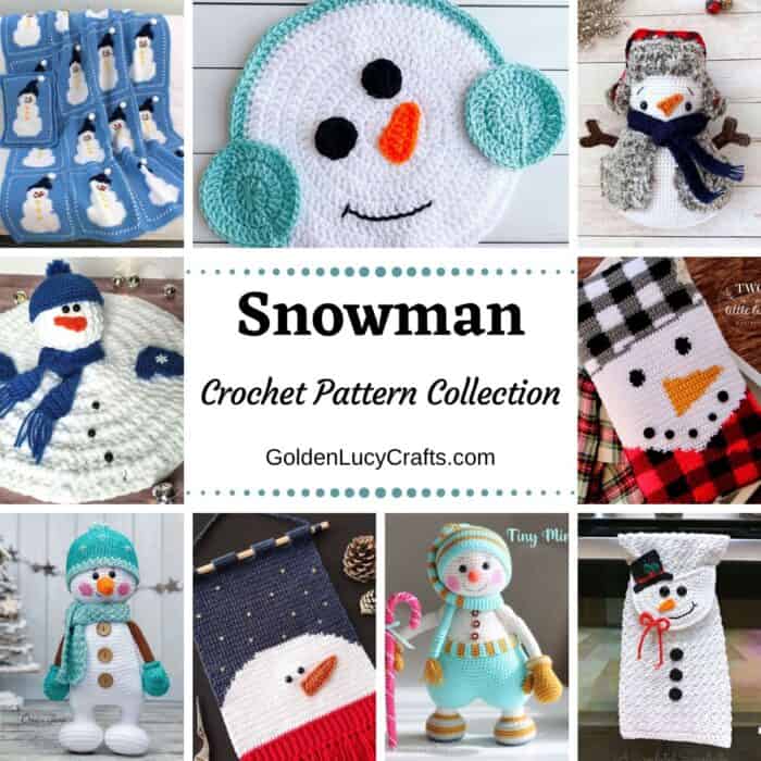 Photo collage of crochet snowman-themed items, text saying "snowman crochet pattern collection goldenlucycrafts dot com".