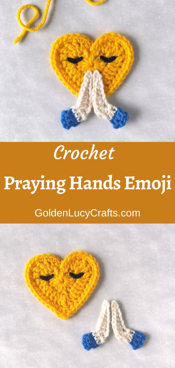 Crochet heart-shaped emoji praying hands.