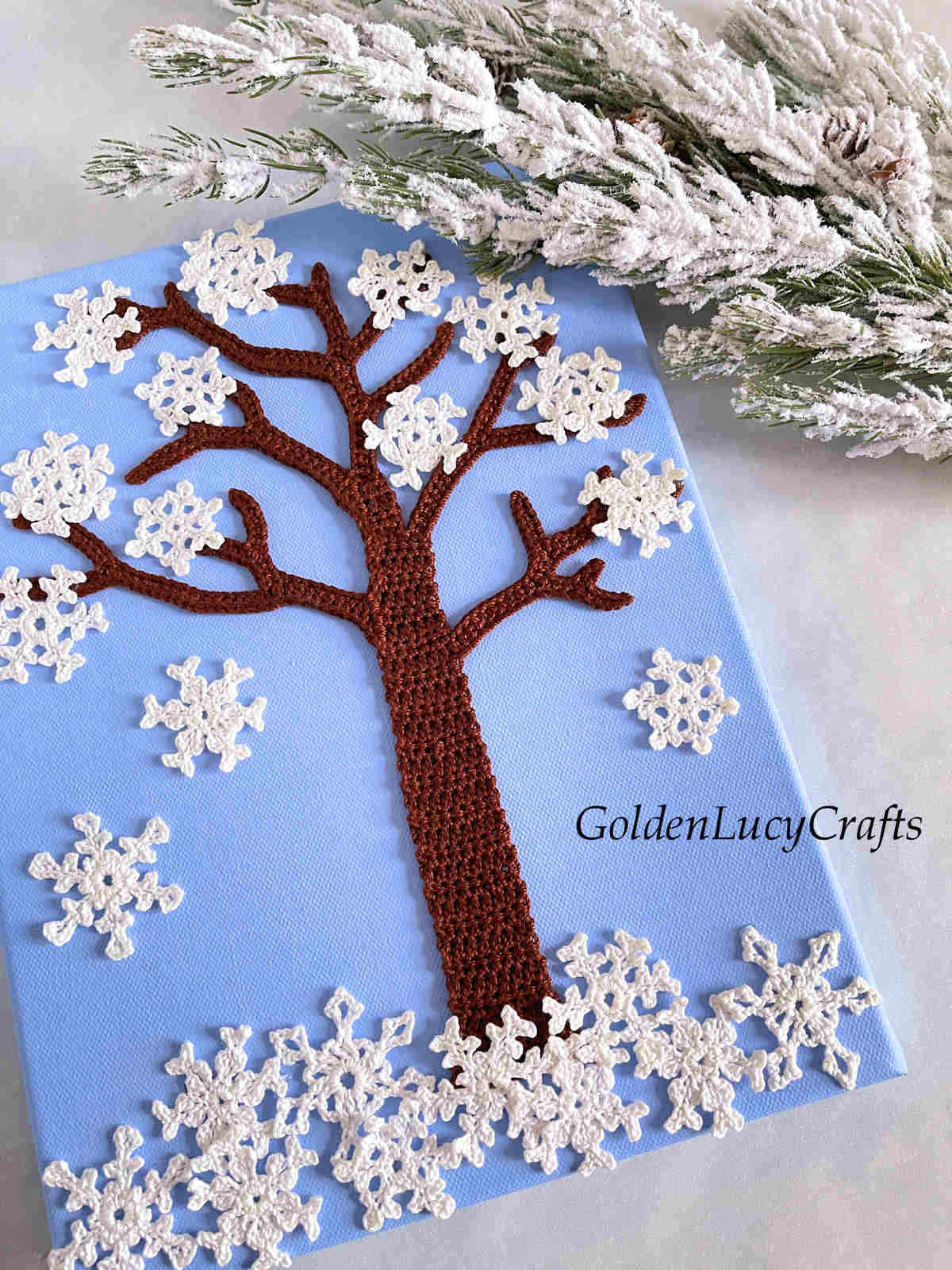 Crochet winter tree close up picture.