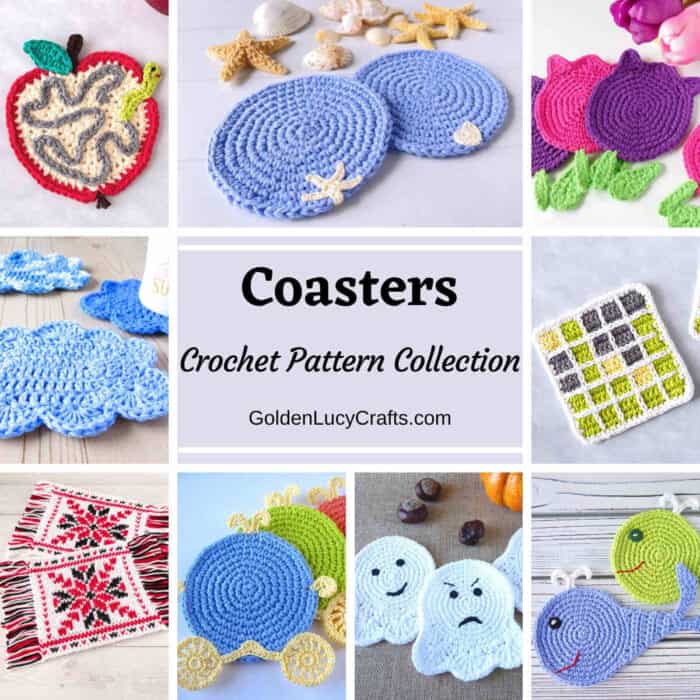 Photo collage of crocheted coasters.