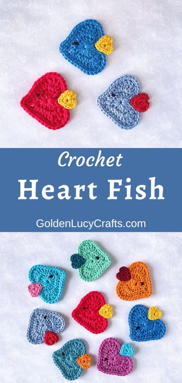 Crocheted heart fish appliques.