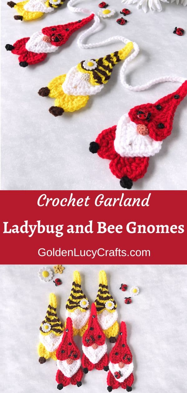 Crochet garland, bee and ladybug gnomes.