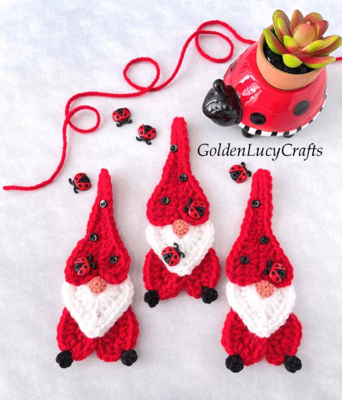 Crochet heart gnomes ladybugs.