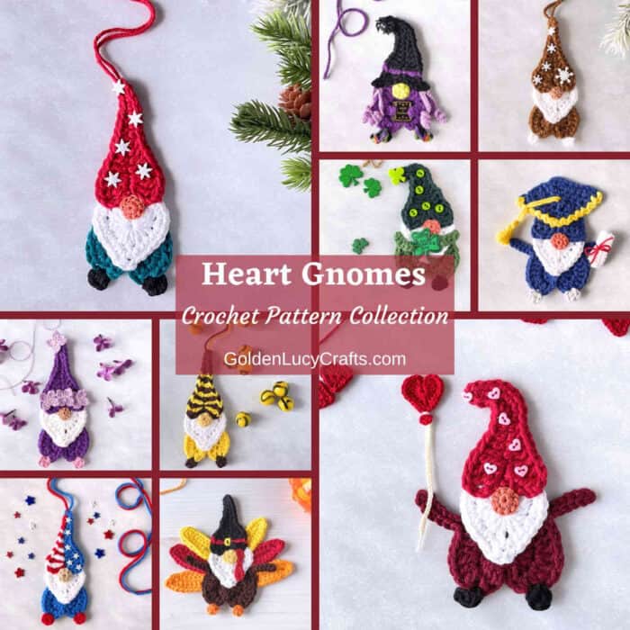 Photo collage of crochet heart gnome appliques.