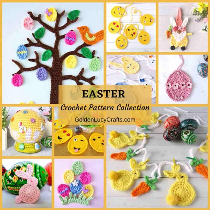 Picture collage of crocheted items for Easter.