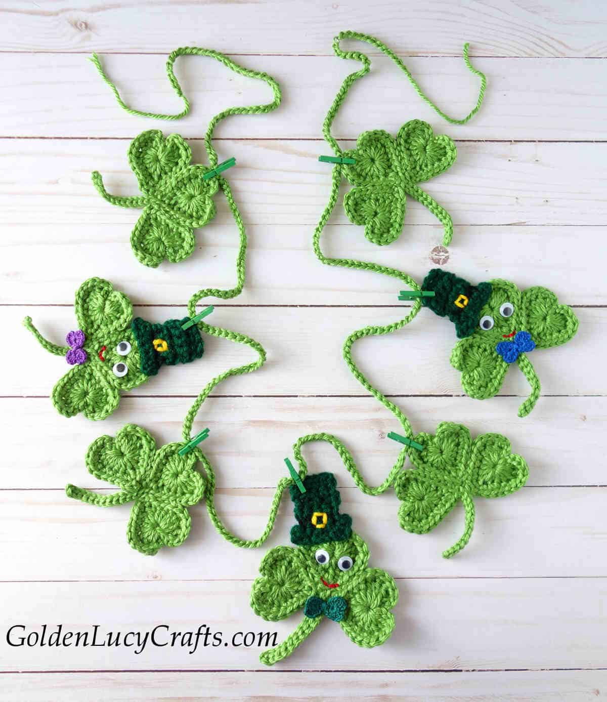 Crocheted shamrock garland for St. Patrick's Day.