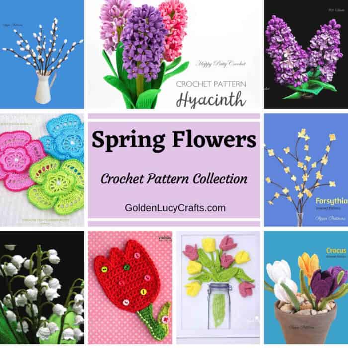 Photo collage of crocheted spring flowers.