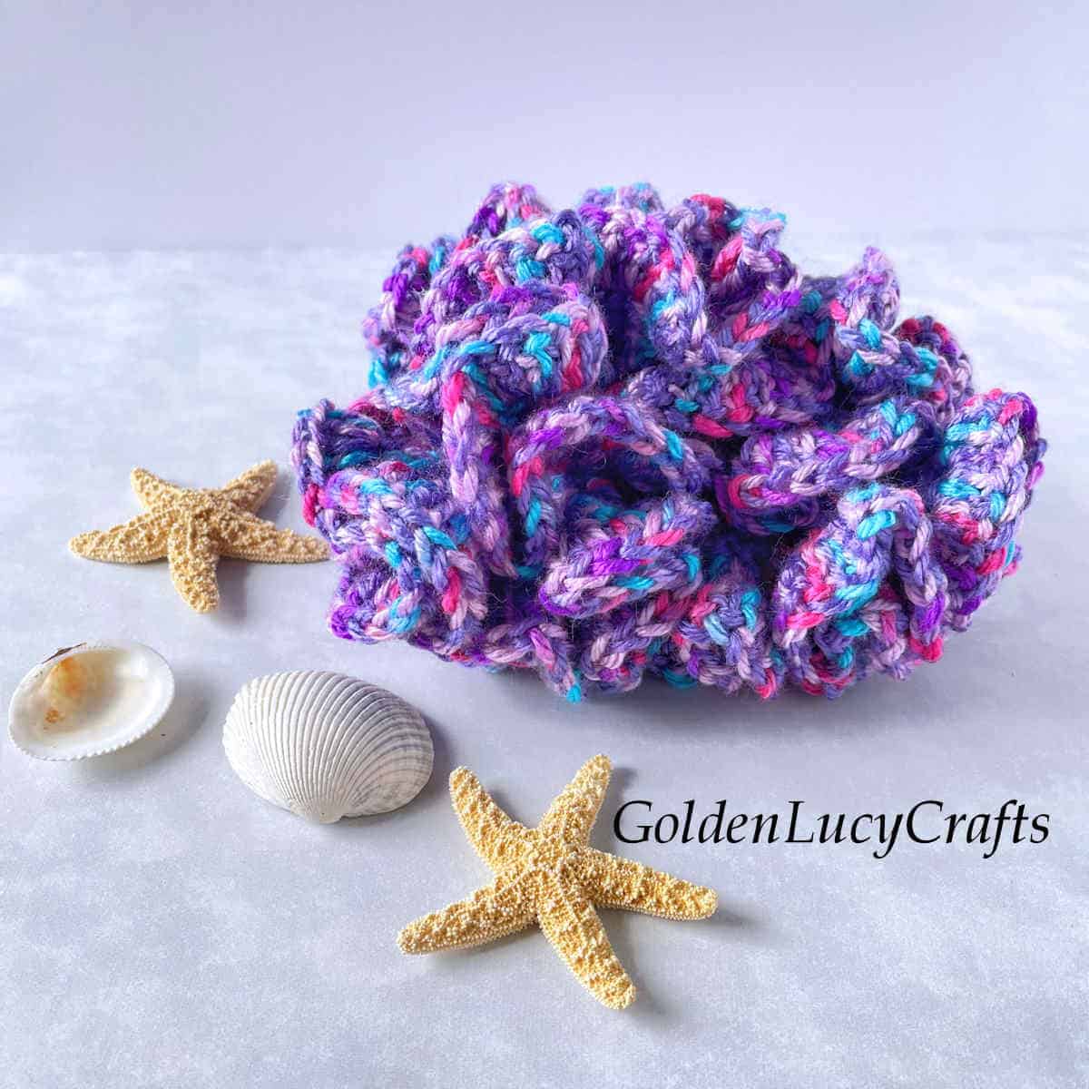 Multicolored hyperbolic coral, sea stars, and sea shells.