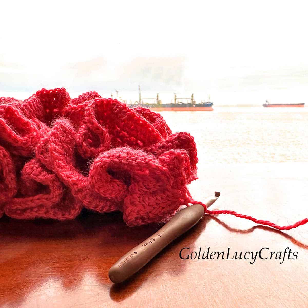 Crochet coral and crochet hook laying on the table in front of the window.