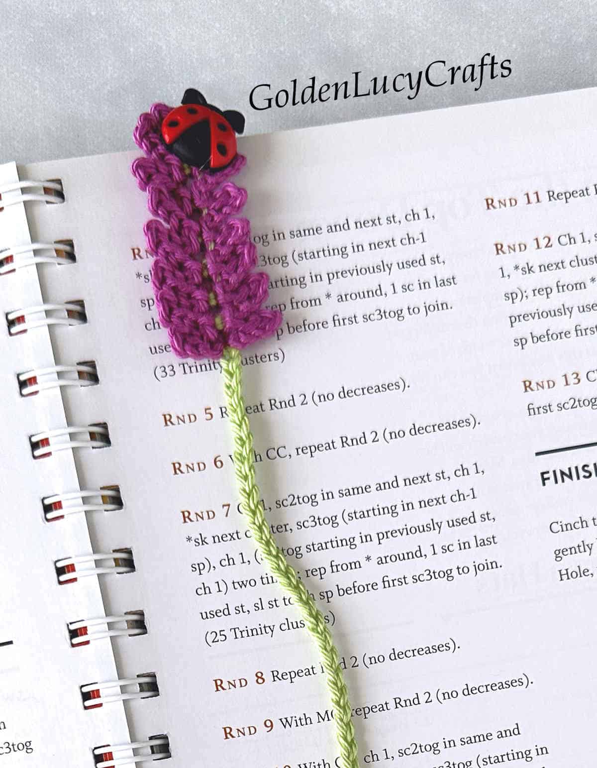 Open book and crochet lavender bookmark.