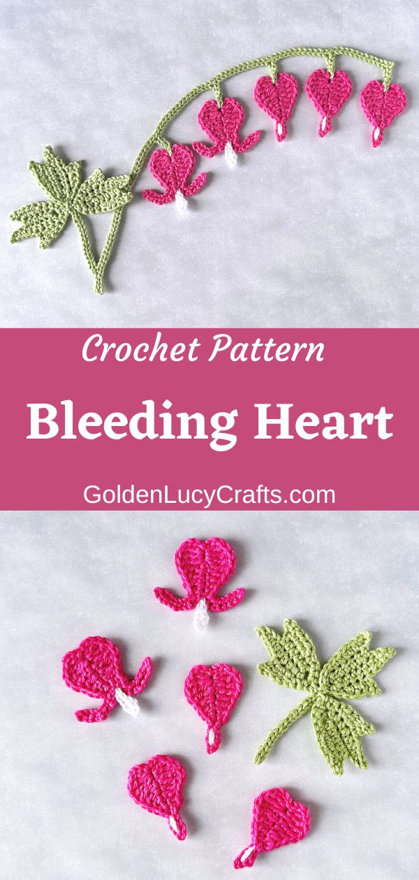 Crochet applique bleeding heart plant stem, individual flowers, leaf.
