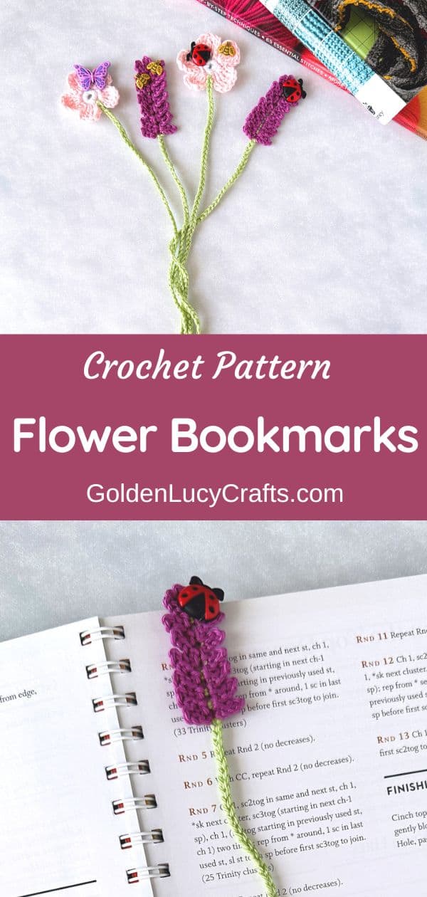 Crochet flower bookmarks embellished with craft buttons.