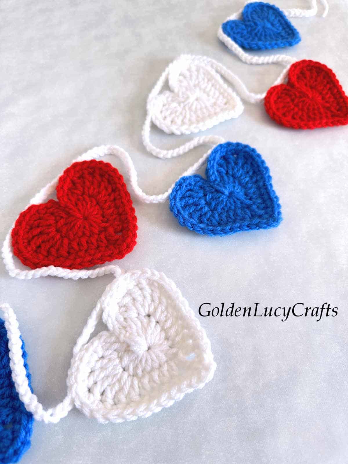 Crochet fourth of July heart garland close up picture.