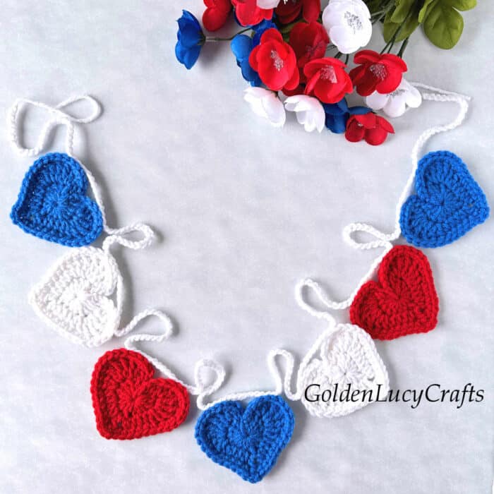 Crochet patriotic heart garland for 4th of July.