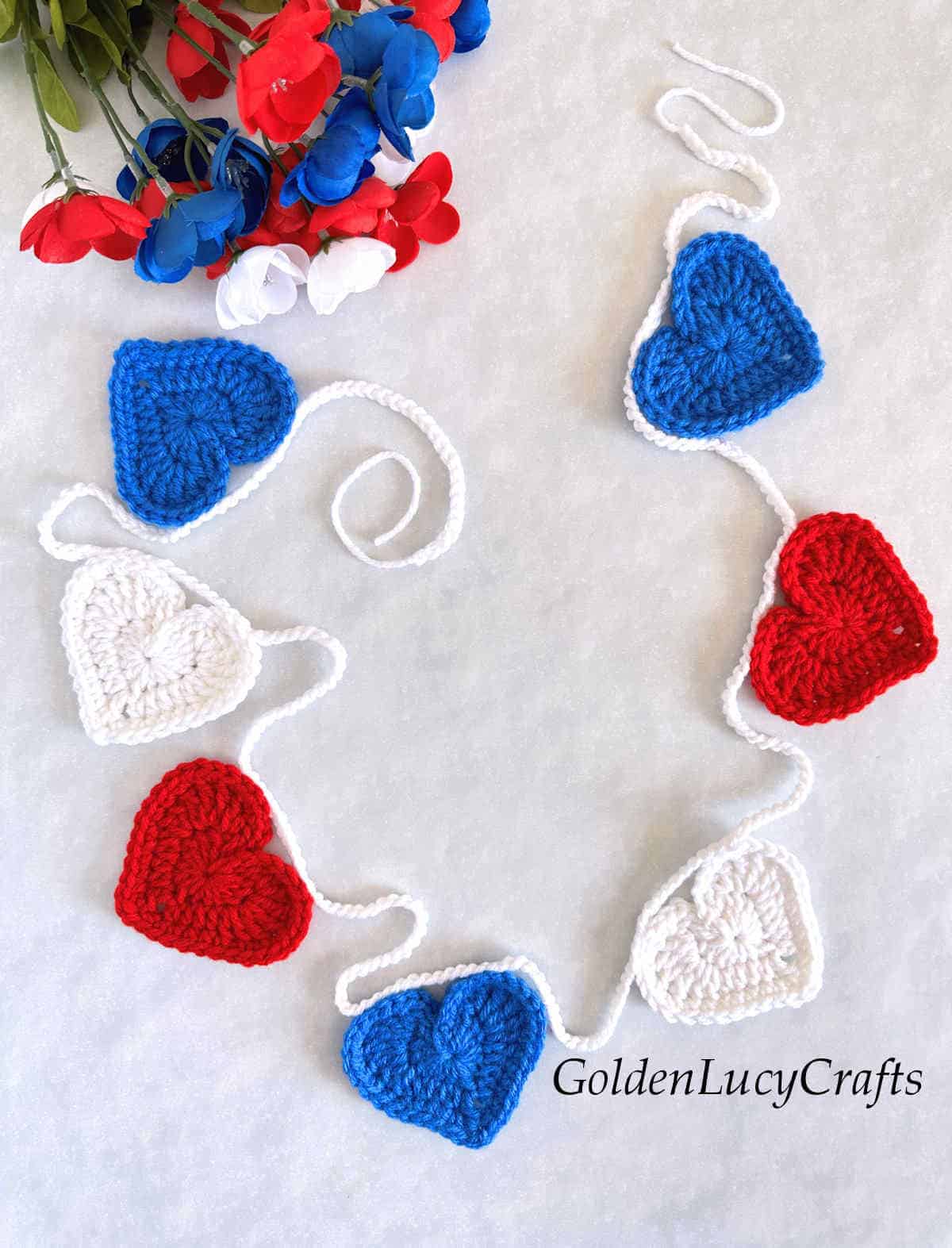 Crochet fourth of July heart garland.