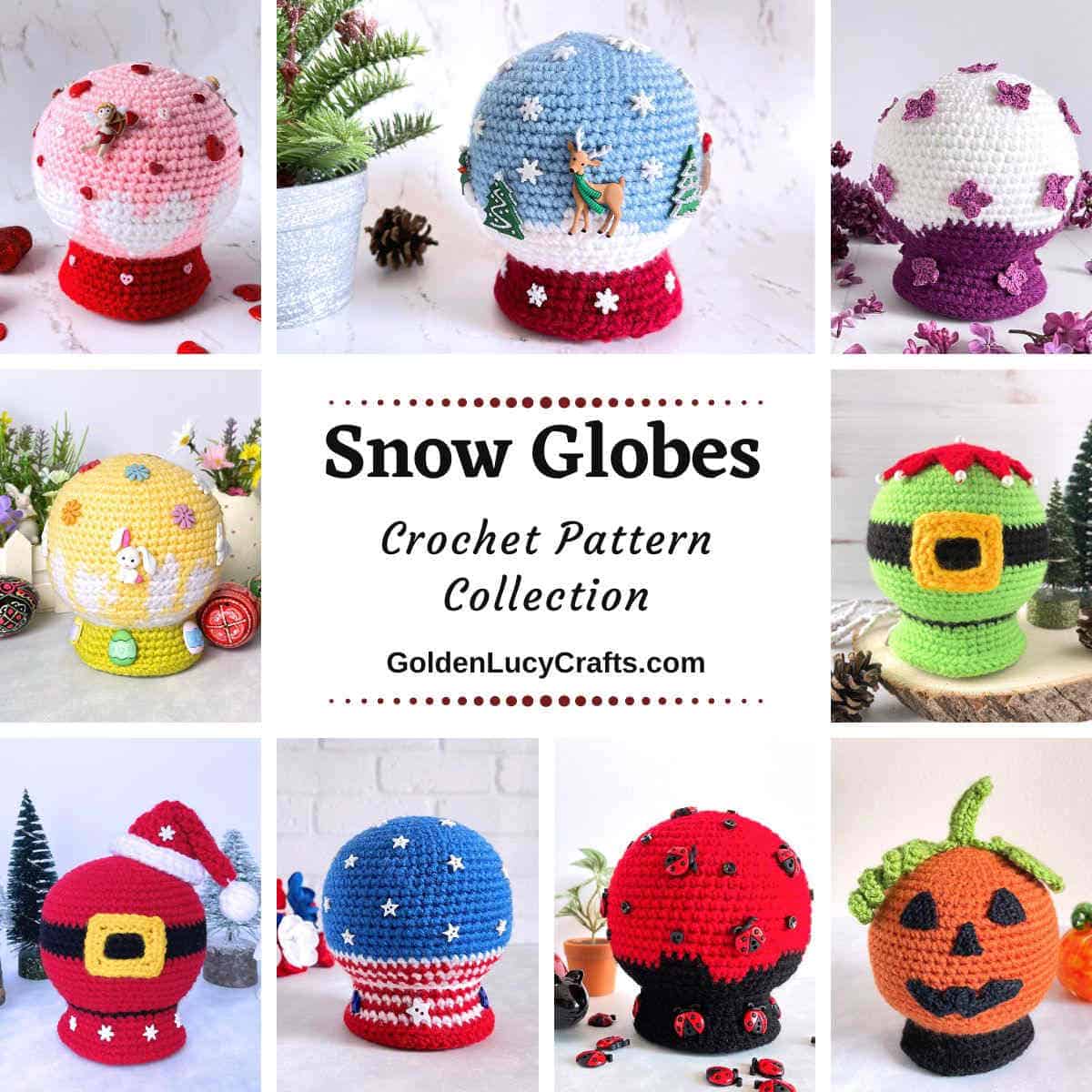 Photo collage of crocheted snow globes.
