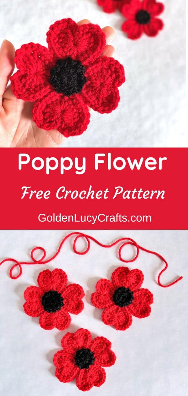 Crocheted Remembrance poppy flowers with petals made from hearts.