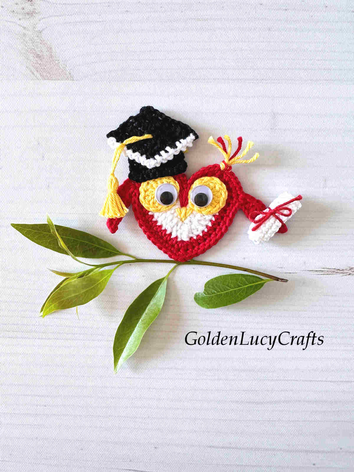 Crochet applique owl in graduation cap holding diploma.