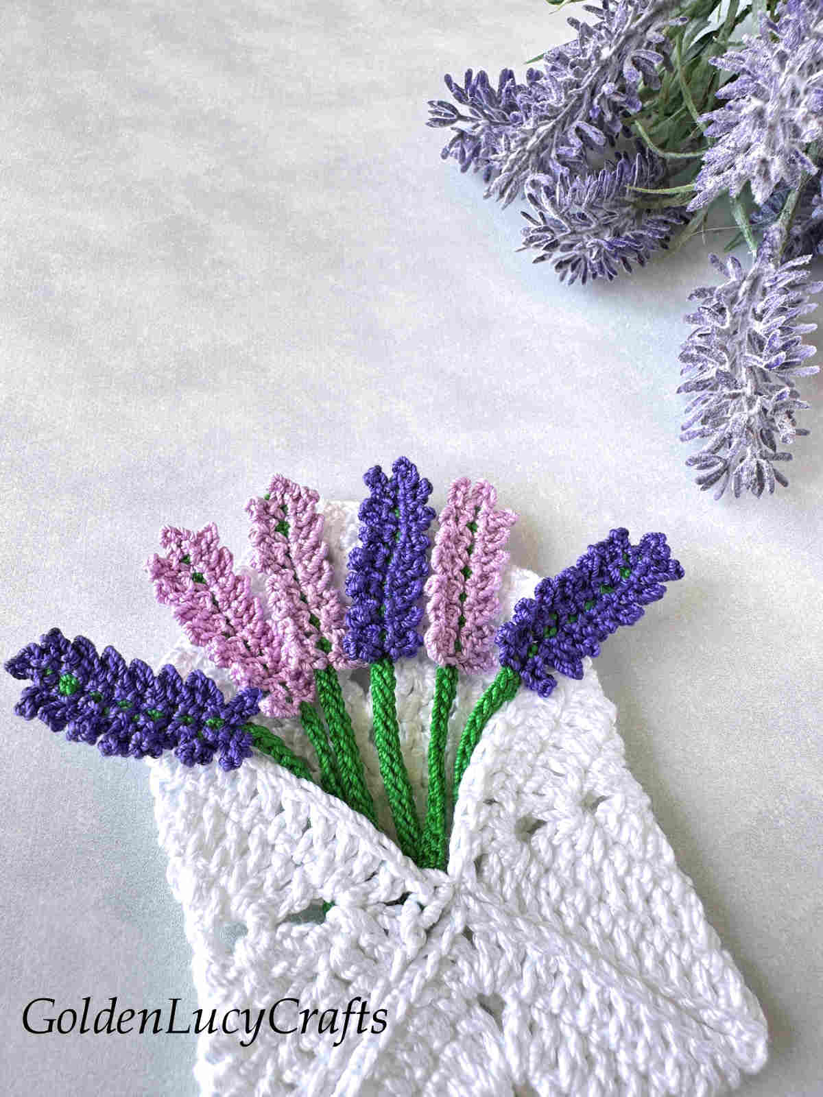 Crochet lavender envelope close up picture.
