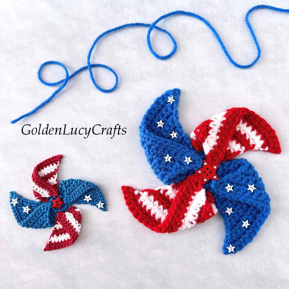 Large and small crocheted patriotic pinwheels.