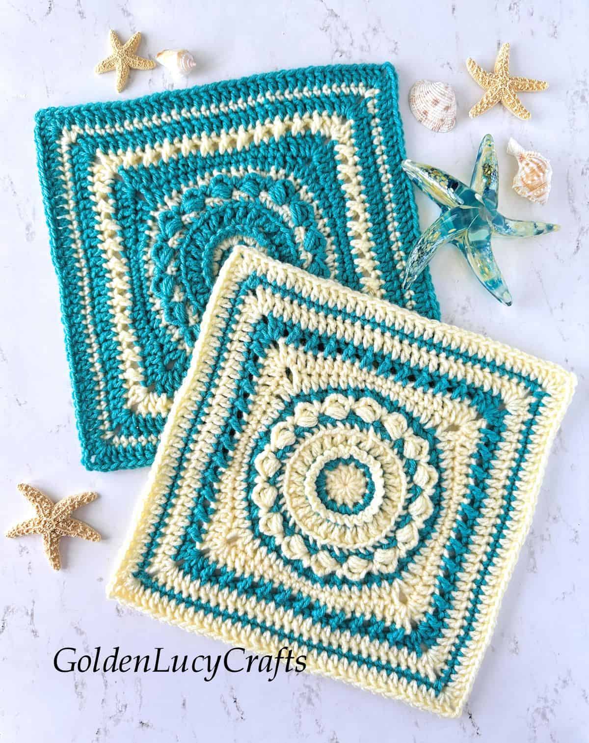 Two crocheted square motifs made in cream and aqua colors.
