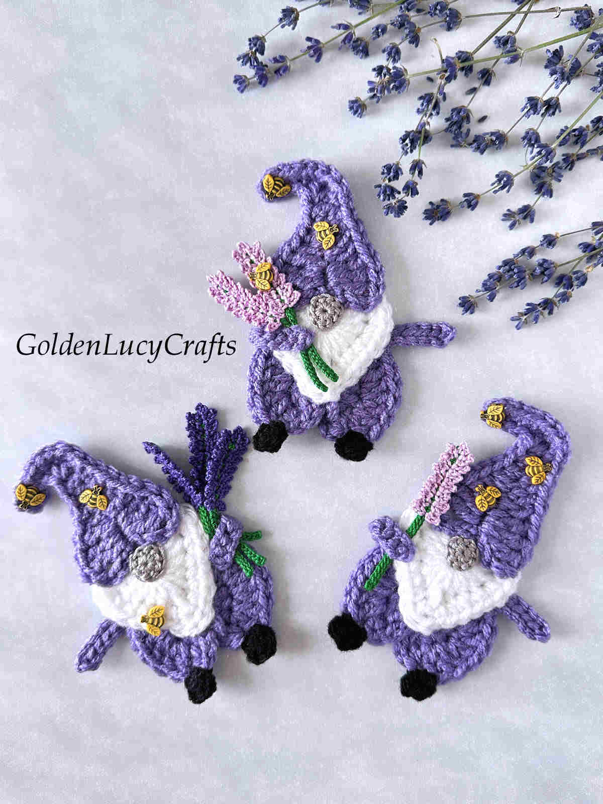 Three lavender gnomes crochet appliques.